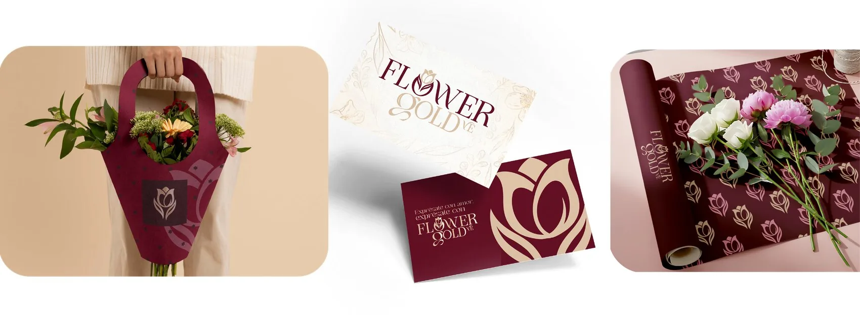 Flower Gold — identidad de floristería aplicada en bolsa de ramo, tarjetas de presentación y papel de envolver con patrón