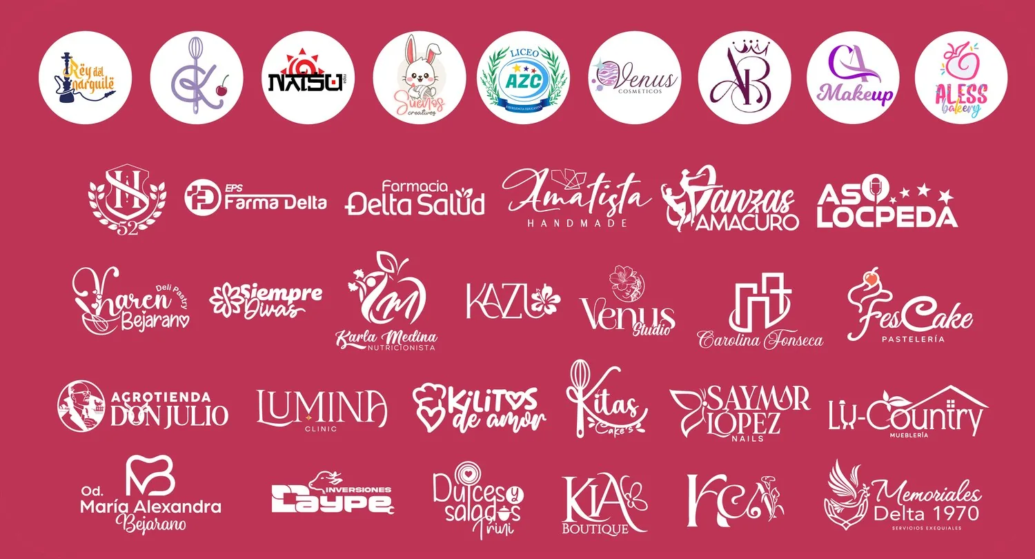 Logos de marcas diseñados por Goupilles Design: Rey del Narguile, Natsu, Saymar, Liceo AZC, Venus Cosméticos, Makeup, Aless Bakery, Farma Delta, Farmacia Delta Salud, Amatista Handmade, Danzas Amacuro, Asolocpeda, Karen Bejarano, Siempre Divas, Karla Medina, Kazu, Venus Studio, Carolina Fonseca, FresCake, Agrotienda Don Julio, Lumina Clinic, Kilitos de Amor, Kitas Cakes, Saymar López Nails, LU-Country, María Alexandra Bejarano, Inversiones Caype, Dulces y Salados Trini, KIA Boutique, KC y Memoriales Delta 1970