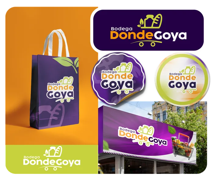 Identidad de Bodega Donde Goya aplicada en bolsa, stickers, logo y pendón