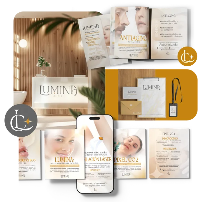 Identidad de Lumina Clinic aplicada en papelería, flyers y aplicaciones de marca